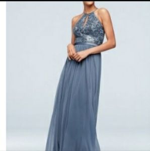 David's Bridal romantic sequin bodice keyhole gown with sheer mesh skirt